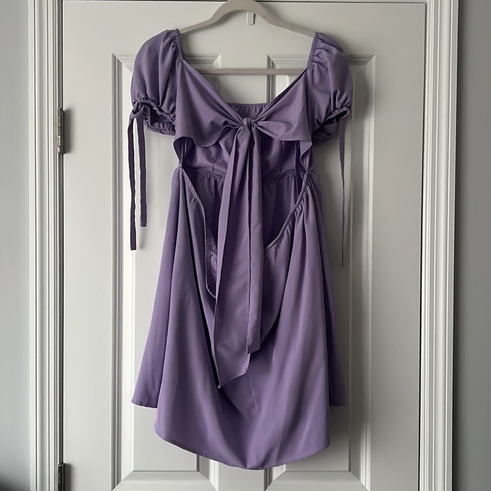 EXLURA Square Neck Backless Tie Back Short Puff Sleeve Babydoll Dress - Picture 5 of 6